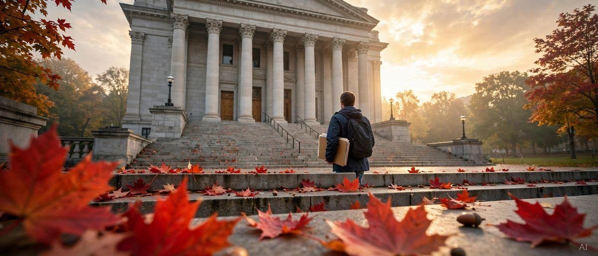 A person carrying their documents up the steps of a Canadian courthouse at sunrise, surrounded by maple leaves
