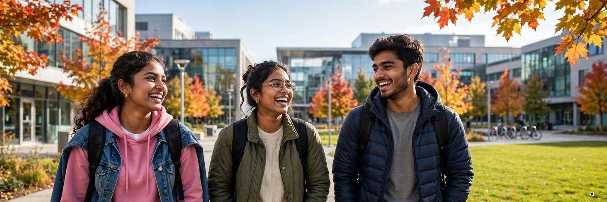 Happy students walking on a sunny university campus with maple leaves