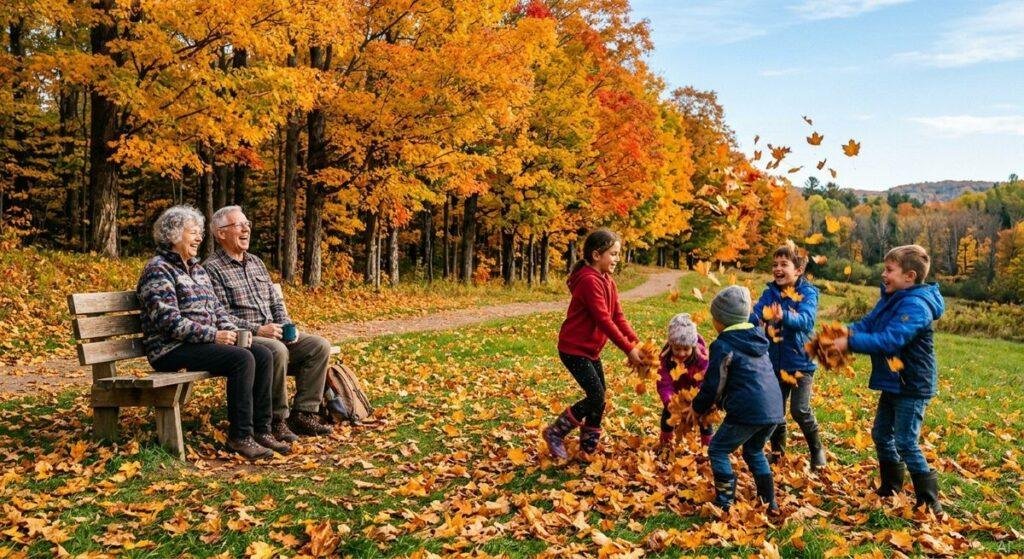 Grandparents watching children play among autumn leaves in a Canadian park
